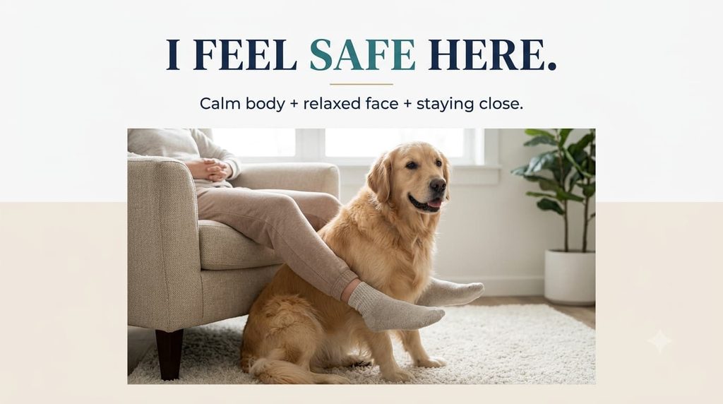 Dog sitting on owner's feet for comfort and security