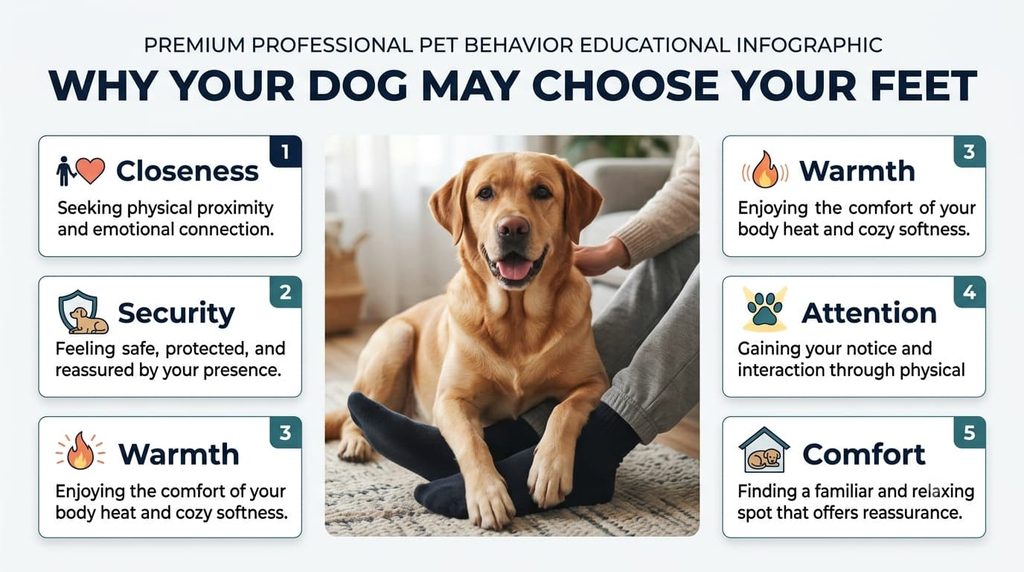 Reasons a dog may choose to sit on its owner's feet